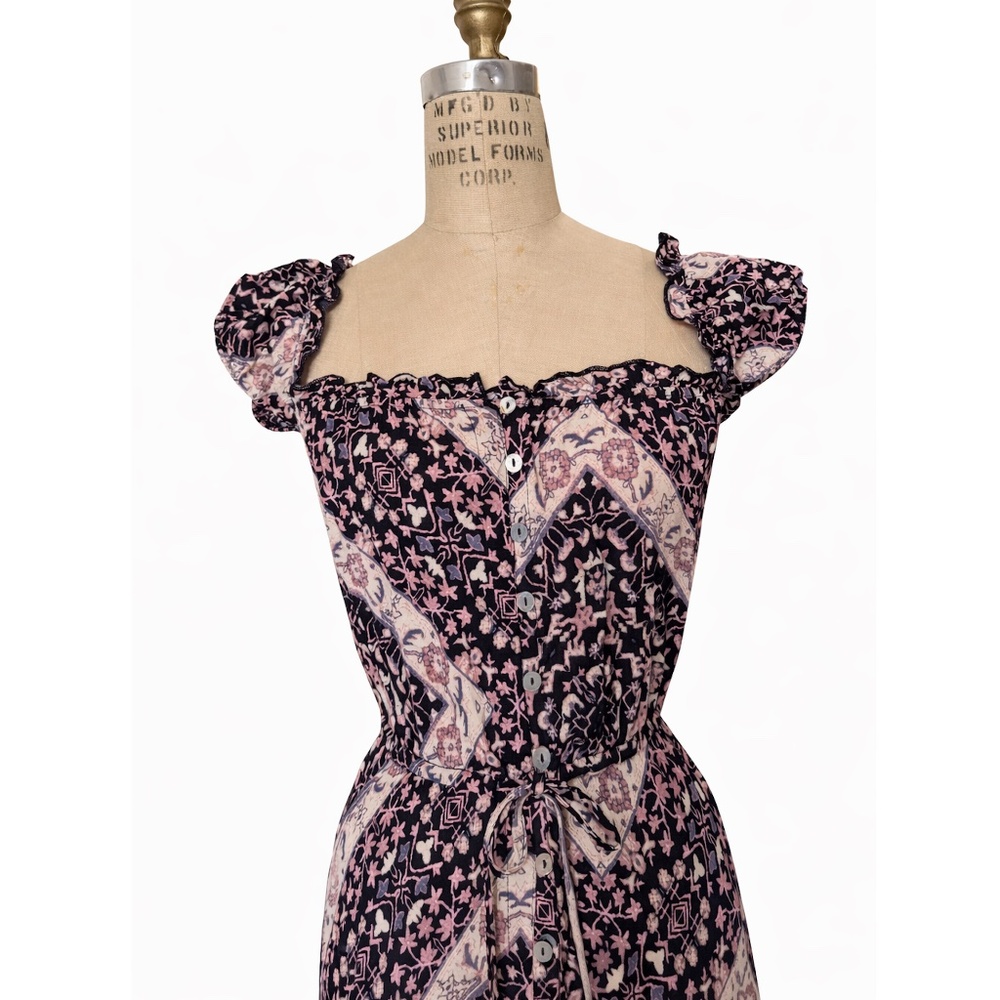 Olivaceous Bohemian Festival Girl Feminine Block Print Ruffle Hi-low hem Maxi